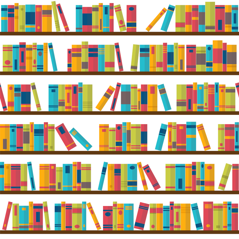 Drawing of bookshelves filled with a variety of books differing in color, width, and height