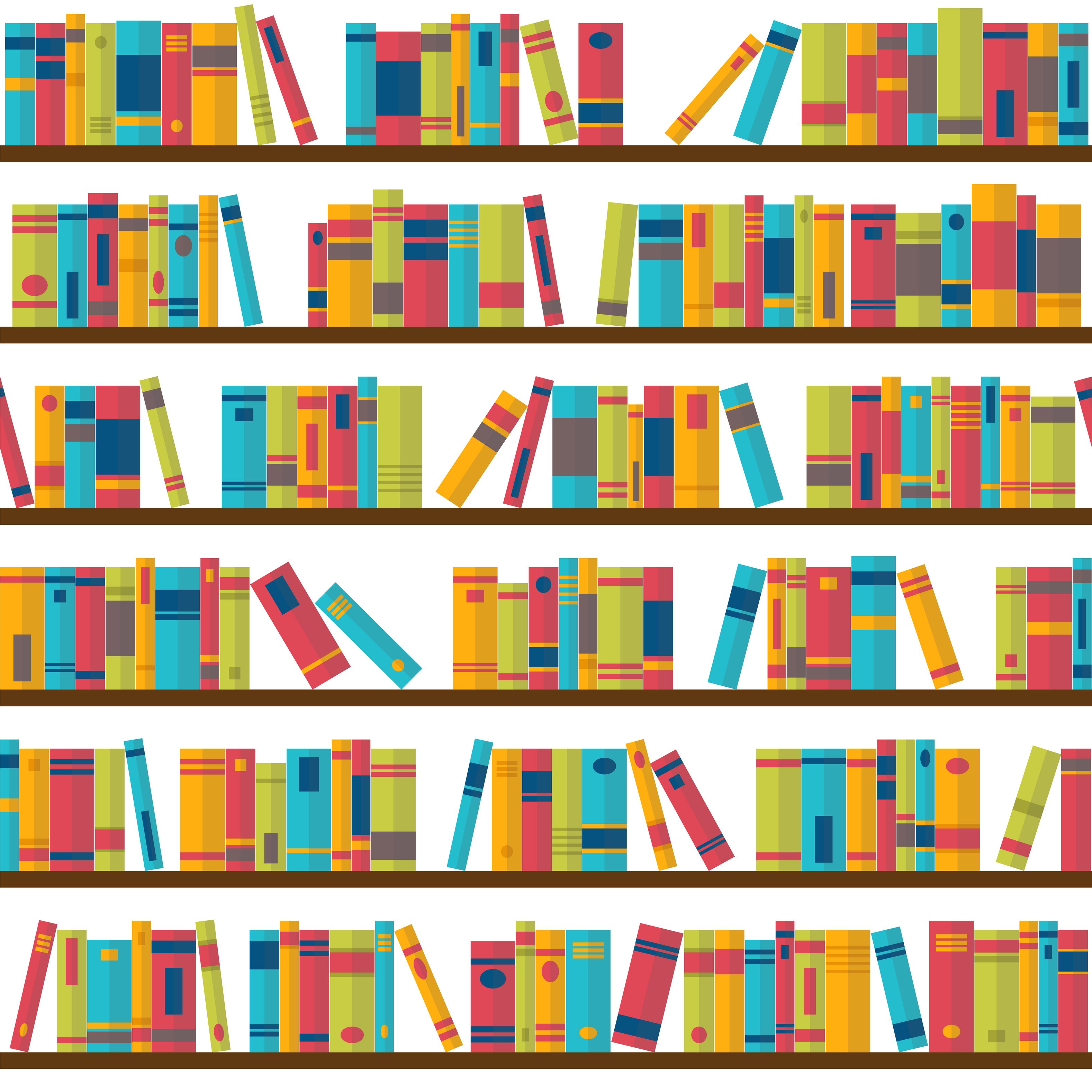 Drawing of bookshelves filled with a variety of books differing in color, width, and height